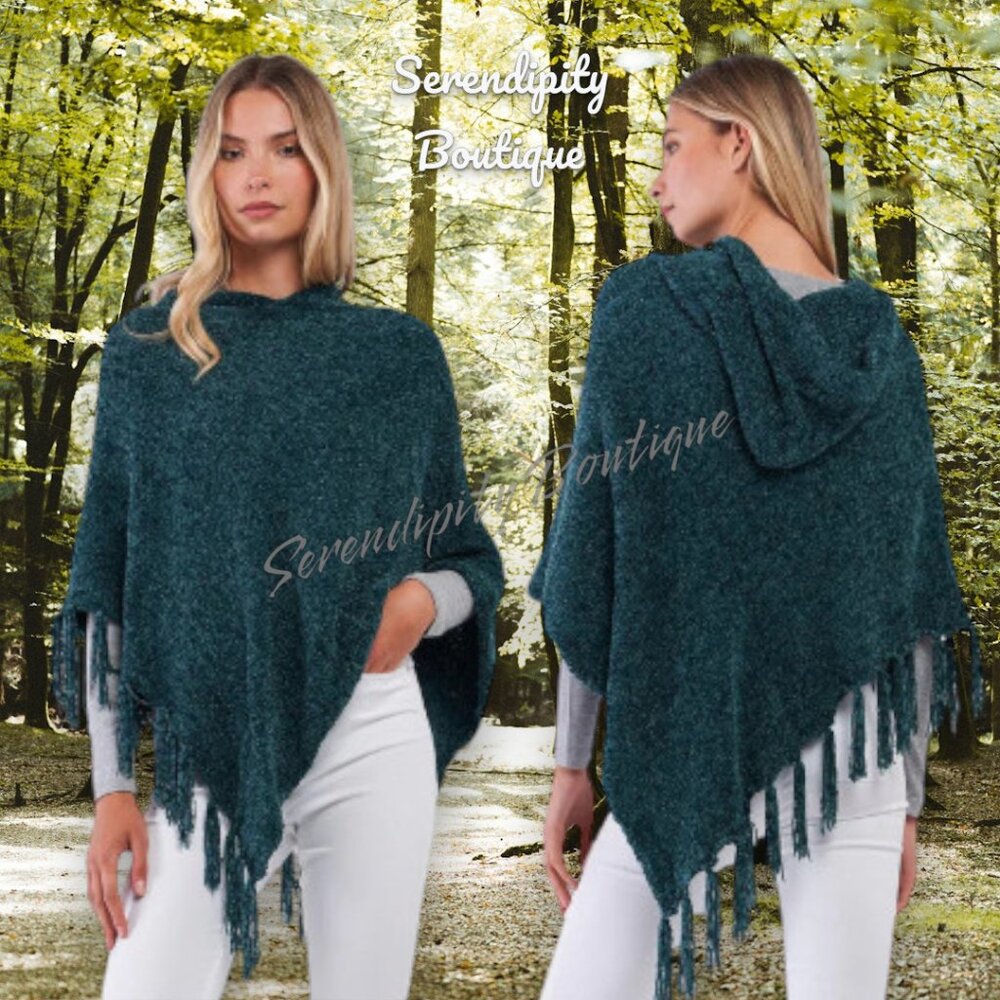 Chenille Soft Knit Hood & Tassel Fringe Poncho Sweater Pullover in Festive Teal